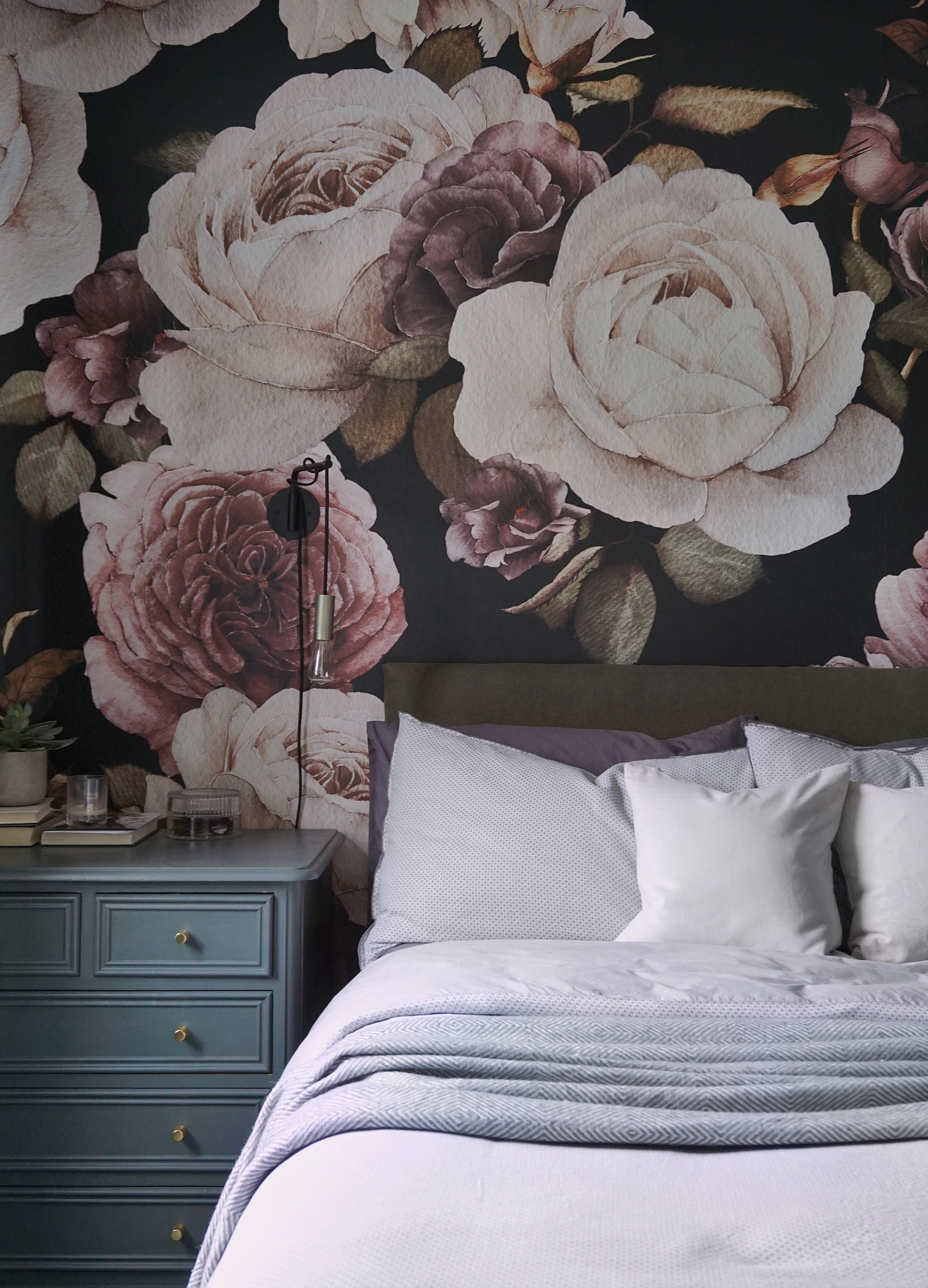 Dark floral wallpaper bedroom
