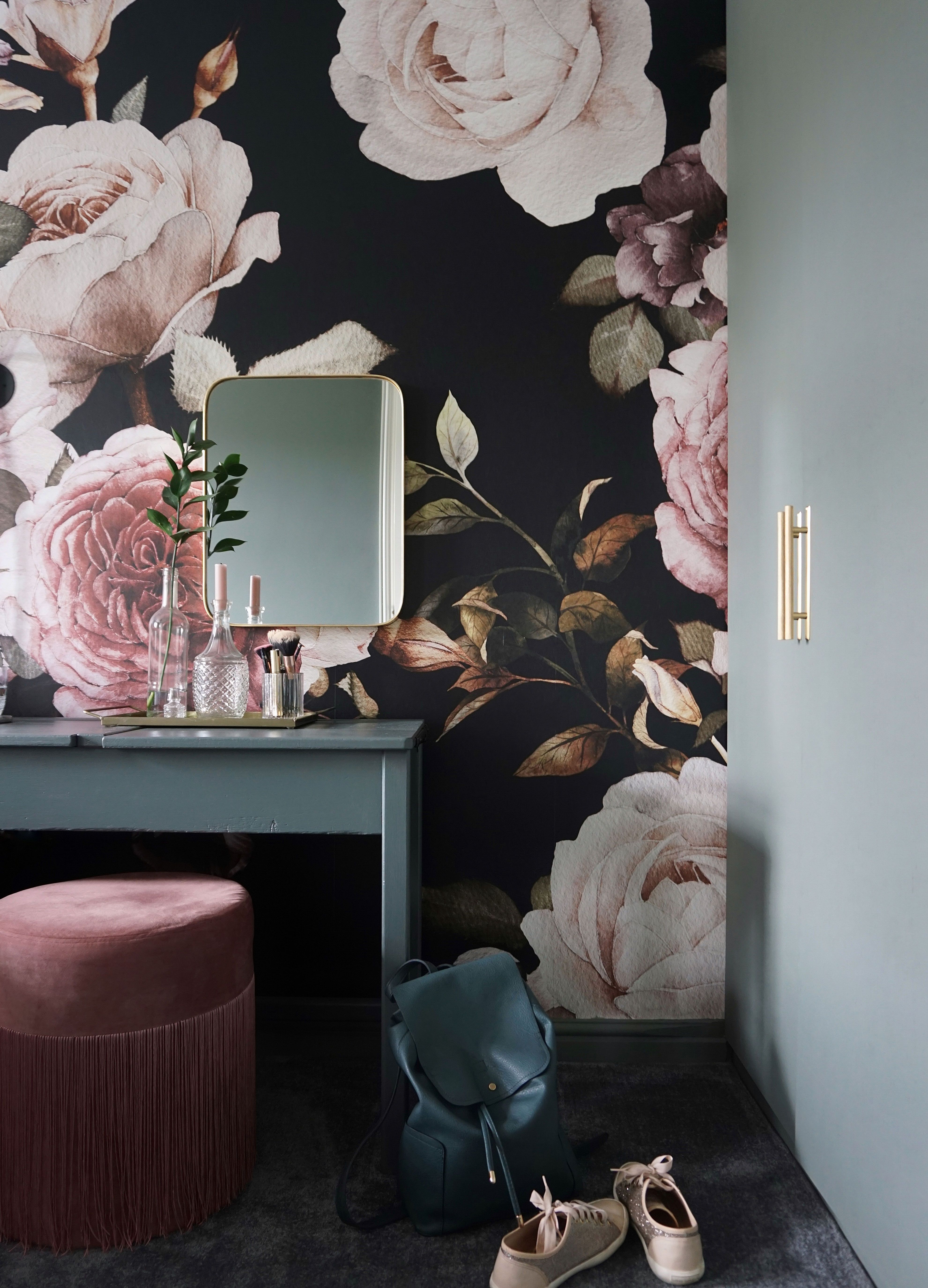Dark floral wallpaper bedroom and ikea wardrobe hack 